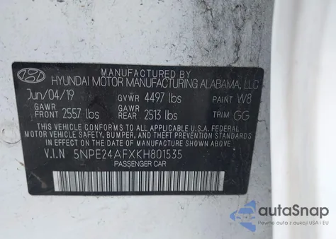 2019 Hyundai Sonata Se z USA, uszkodzony, nr VIN 5NPE24AFXKH801535